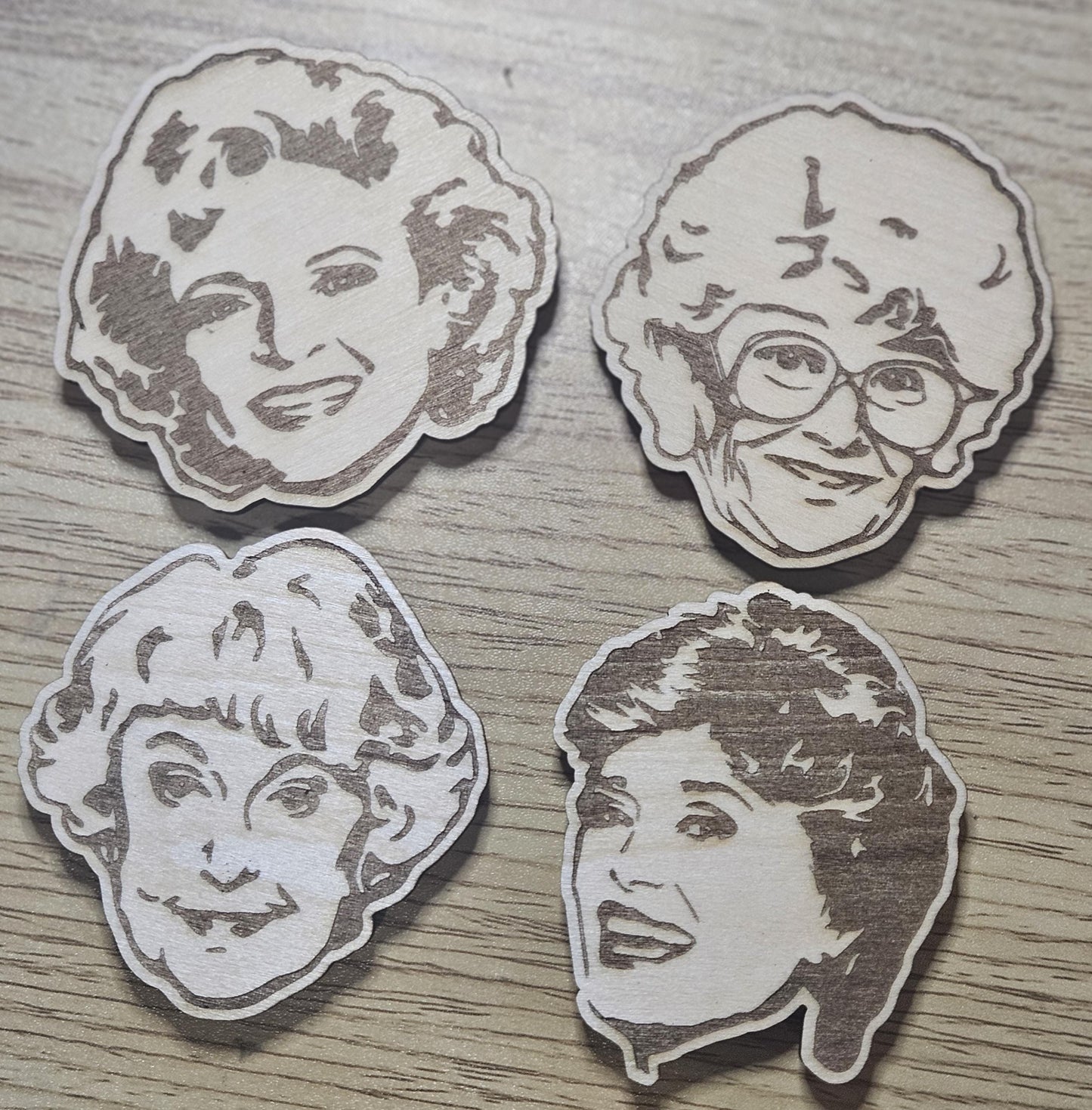 Golden Girls Refrigerator Magnets , Character Heads Rose, Blanche, Sophia, And Dorothy, Golden Babes Wood Engraved Set Of 4 Magnets
