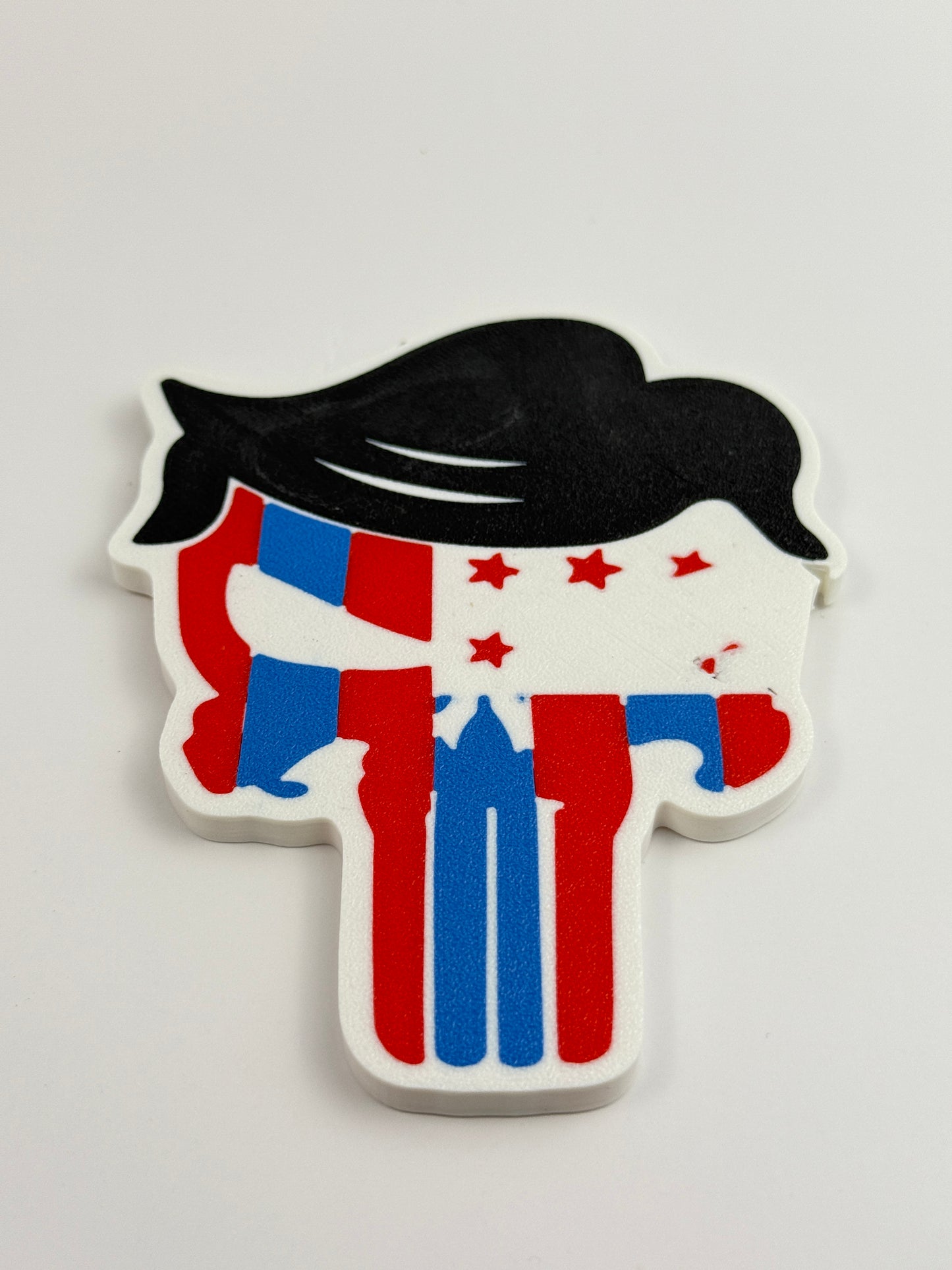 Patriotic Trump Hair Punisher Magnet – Red White & Blue 3D printed Fridge Decor, USA Flag Gift, Funny Political Magnet