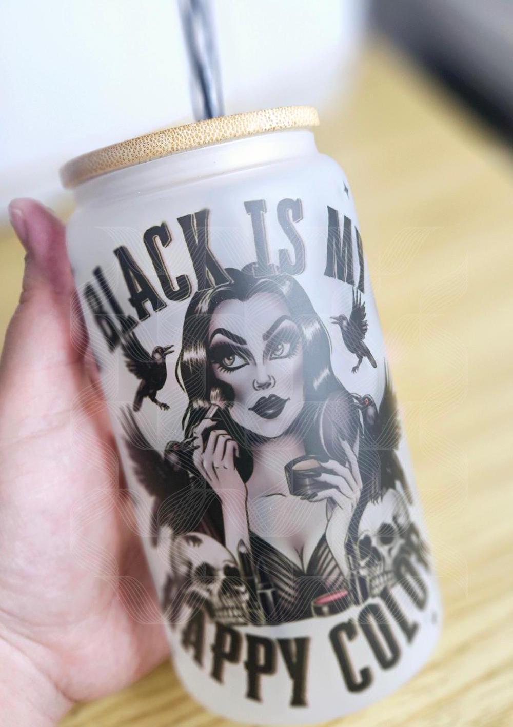 Black Is My Happy Color,16oz Frosted Glass, Spooky Cup,Goth,Humor, Frosted Glass Can