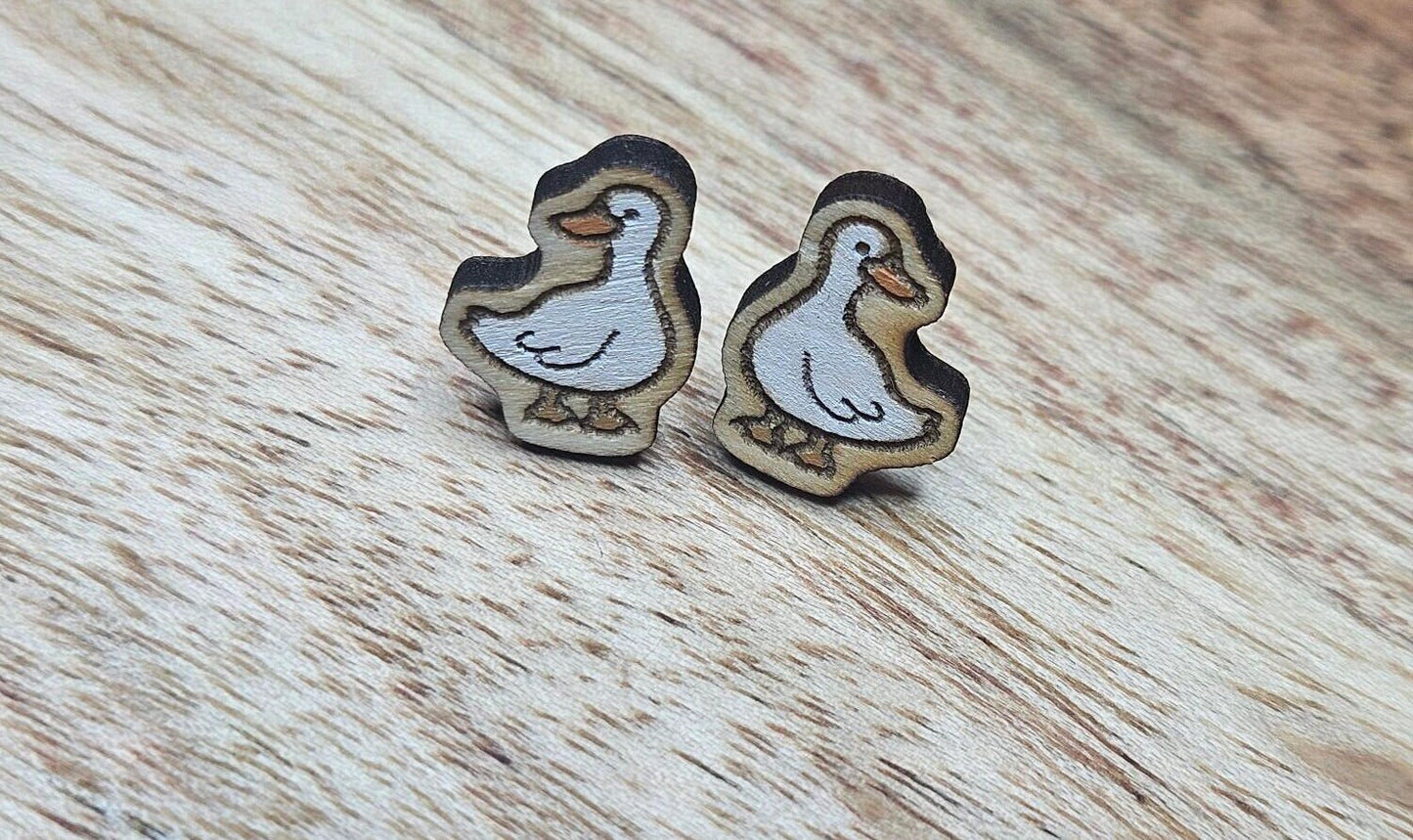 Silly Goose, Hand-Painted, Handmade Lightweight Wood Small Stud Earrings