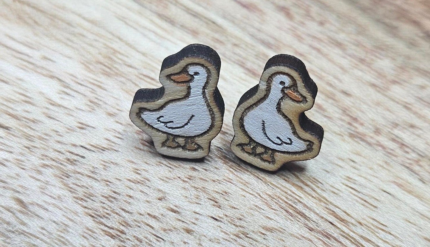 Silly Goose, Hand-Painted, Handmade Lightweight Wood Small Stud Earrings