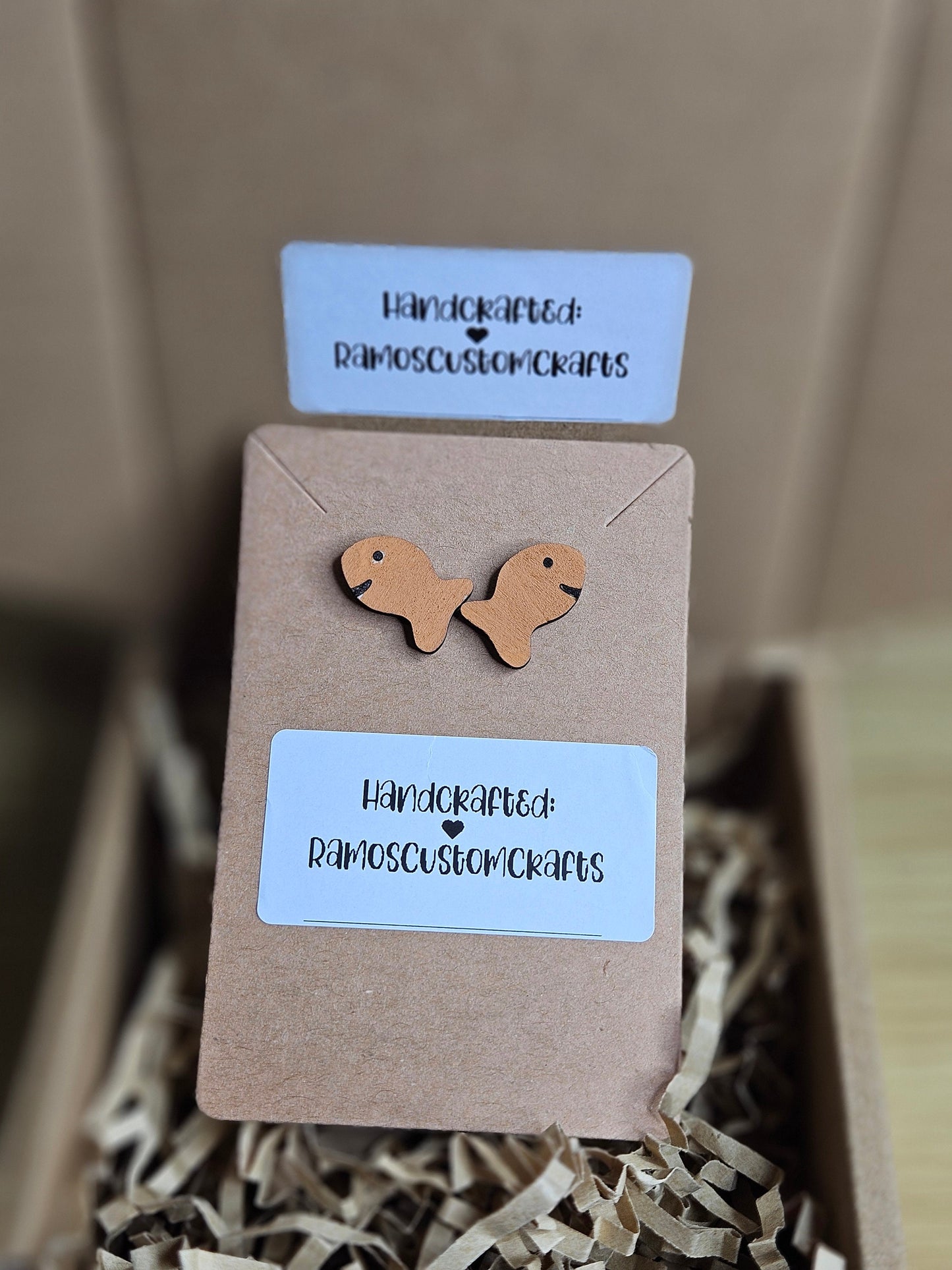 Goldfish Earrings, Snack Food Inspired Hand-Painted, Handmade Light Weight Small Wood Stud Earrings