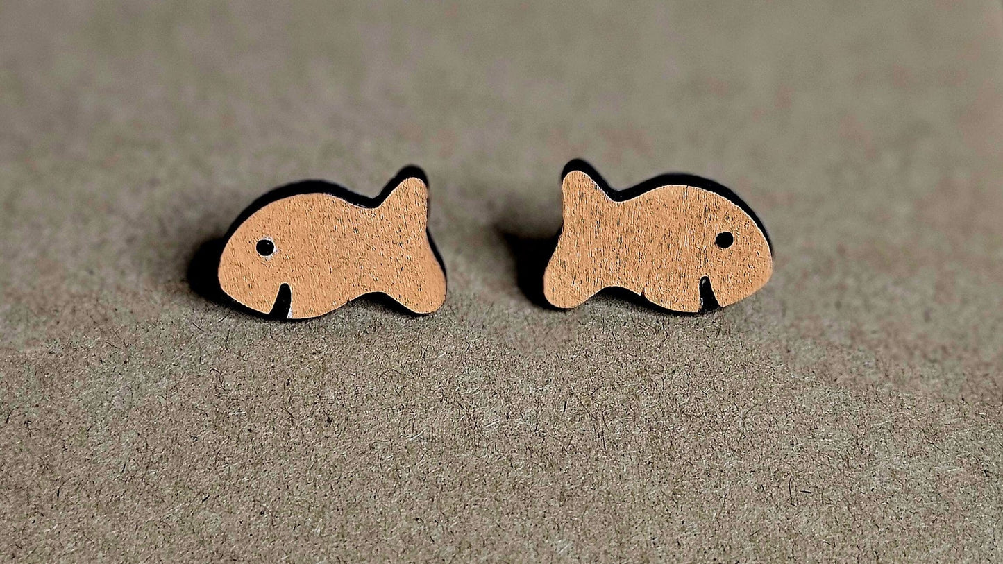 Goldfish Earrings, Snack Food Inspired Hand-Painted, Handmade Light Weight Small Wood Stud Earrings