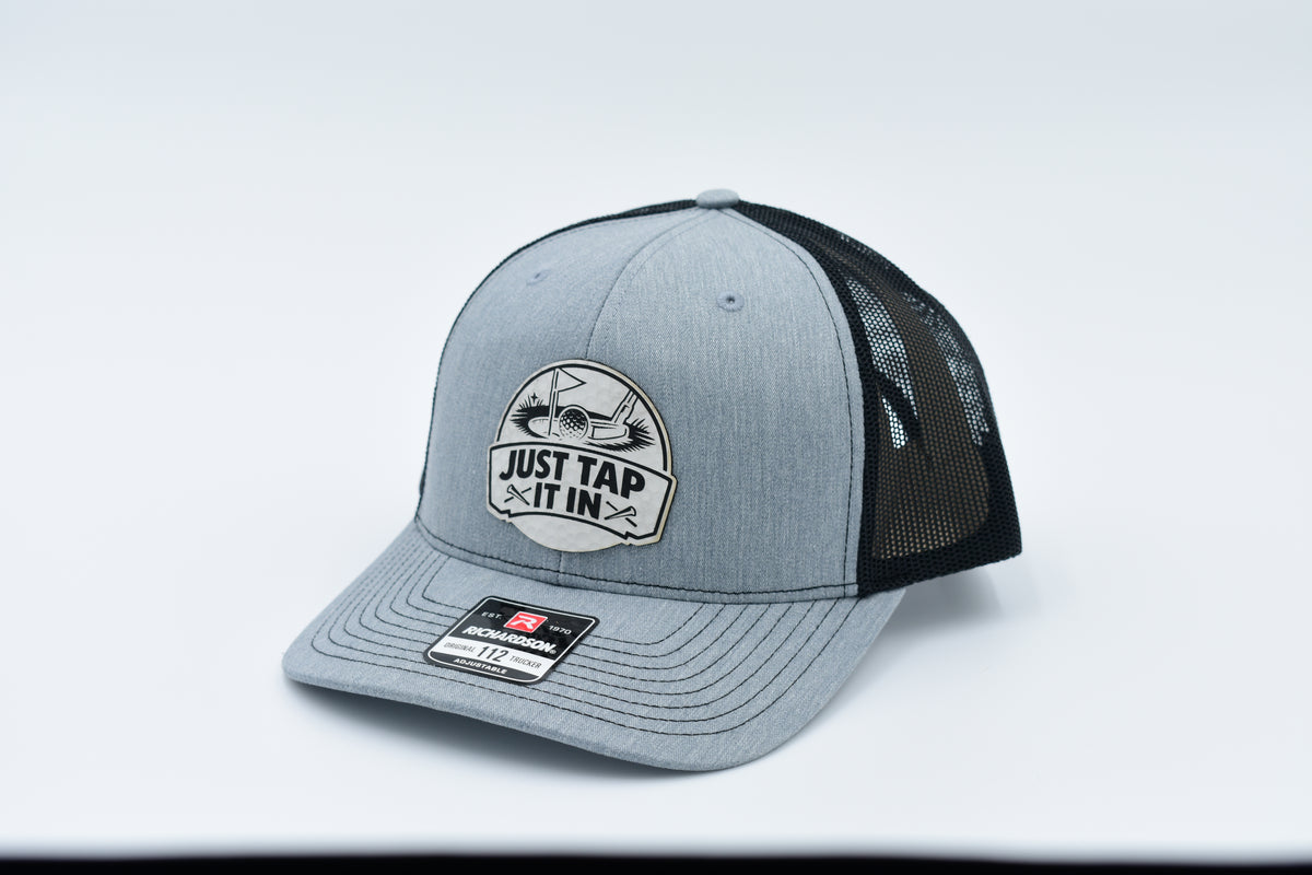 Just Tap It In Funny Golf Leather Patch Trucker Hat