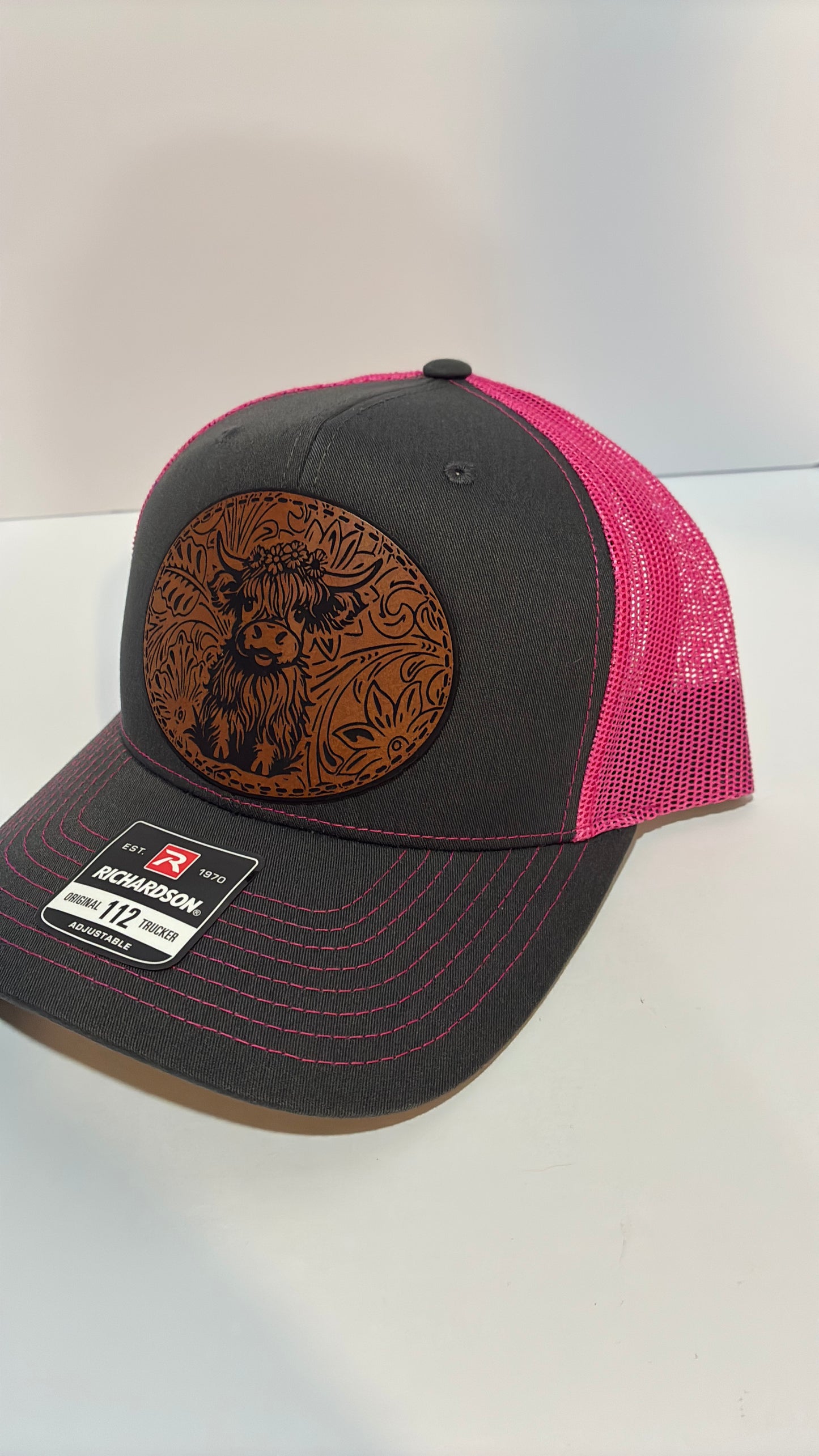 Highland Cow Leather Patch Hat – Richardson 112 Trucker Cap | Rustic Farm Style
