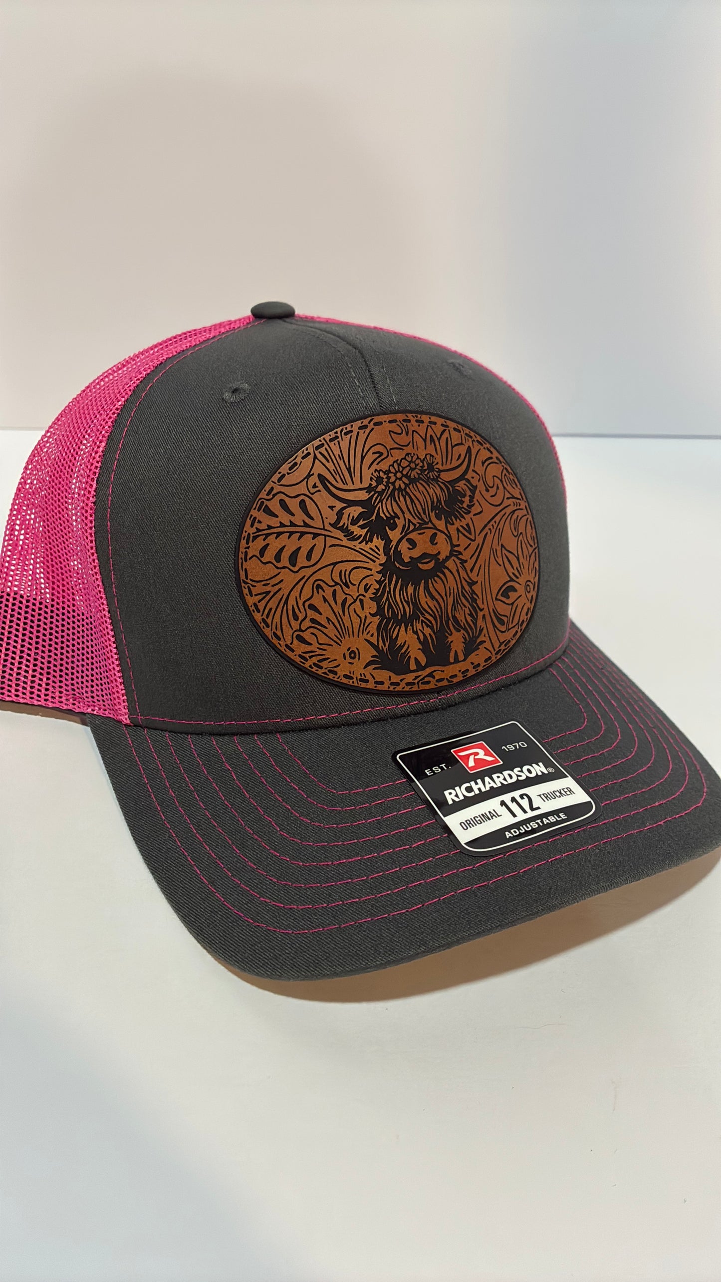 Highland Cow Leather Patch Hat – Richardson 112 Trucker Cap | Rustic Farm Style