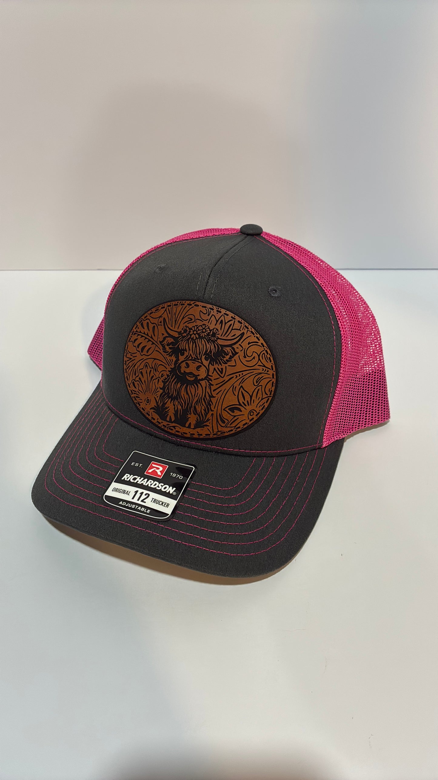Highland Cow Leather Patch Hat – Richardson 112 Trucker Cap | Rustic Farm Style