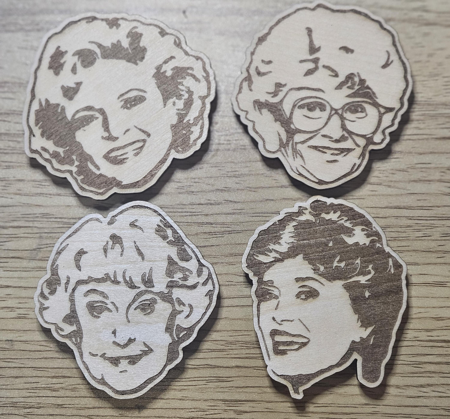 Golden Girls Refrigerator Magnets , Character Heads Rose, Blanche, Sophia, And Dorothy, Golden Babes Wood Engraved Set Of 4 Magnets