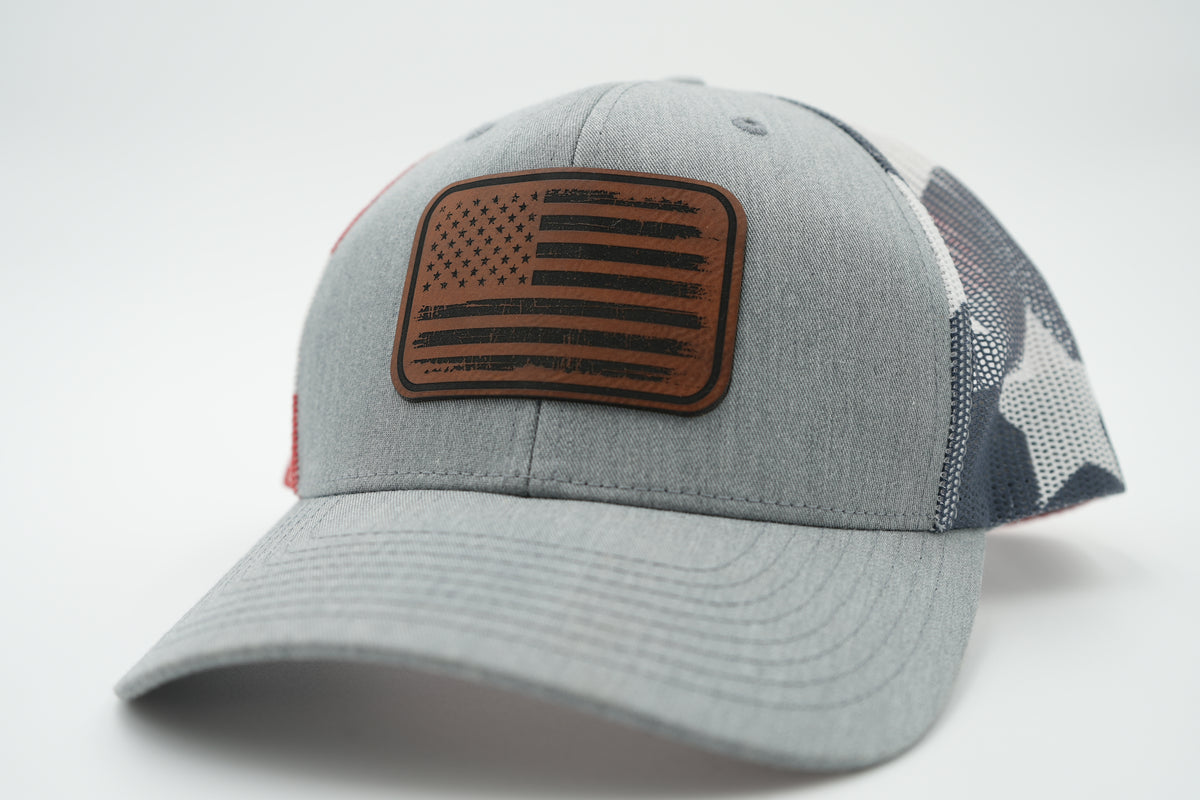 Distressed American Flag Leather Patch Trucker Hat