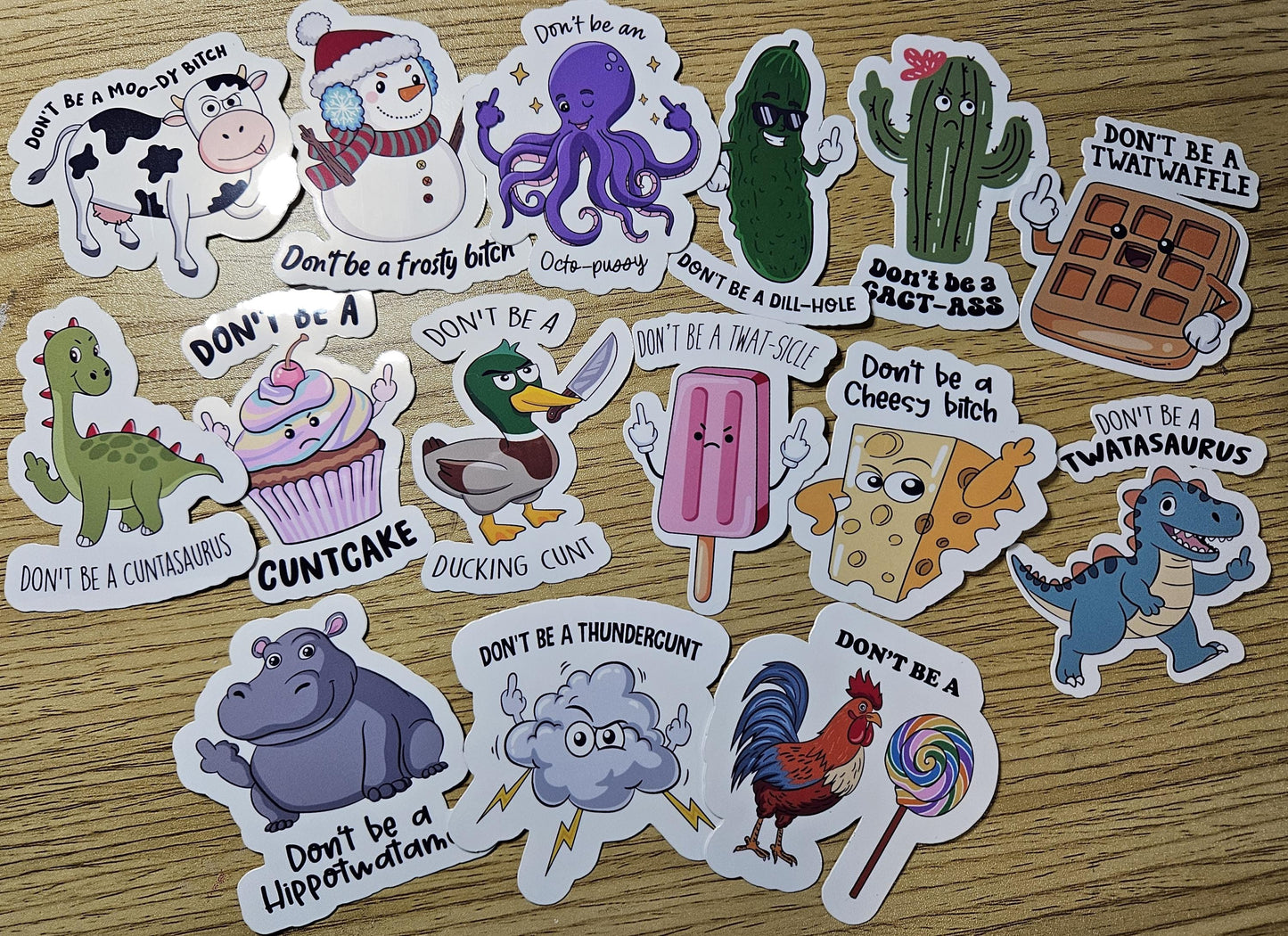 Adult Humor 15 Pack Vinyl Laminated Stickers, Funny Animals, Cussword Stickers, 15 Pack Vinyl Laminated Stickers