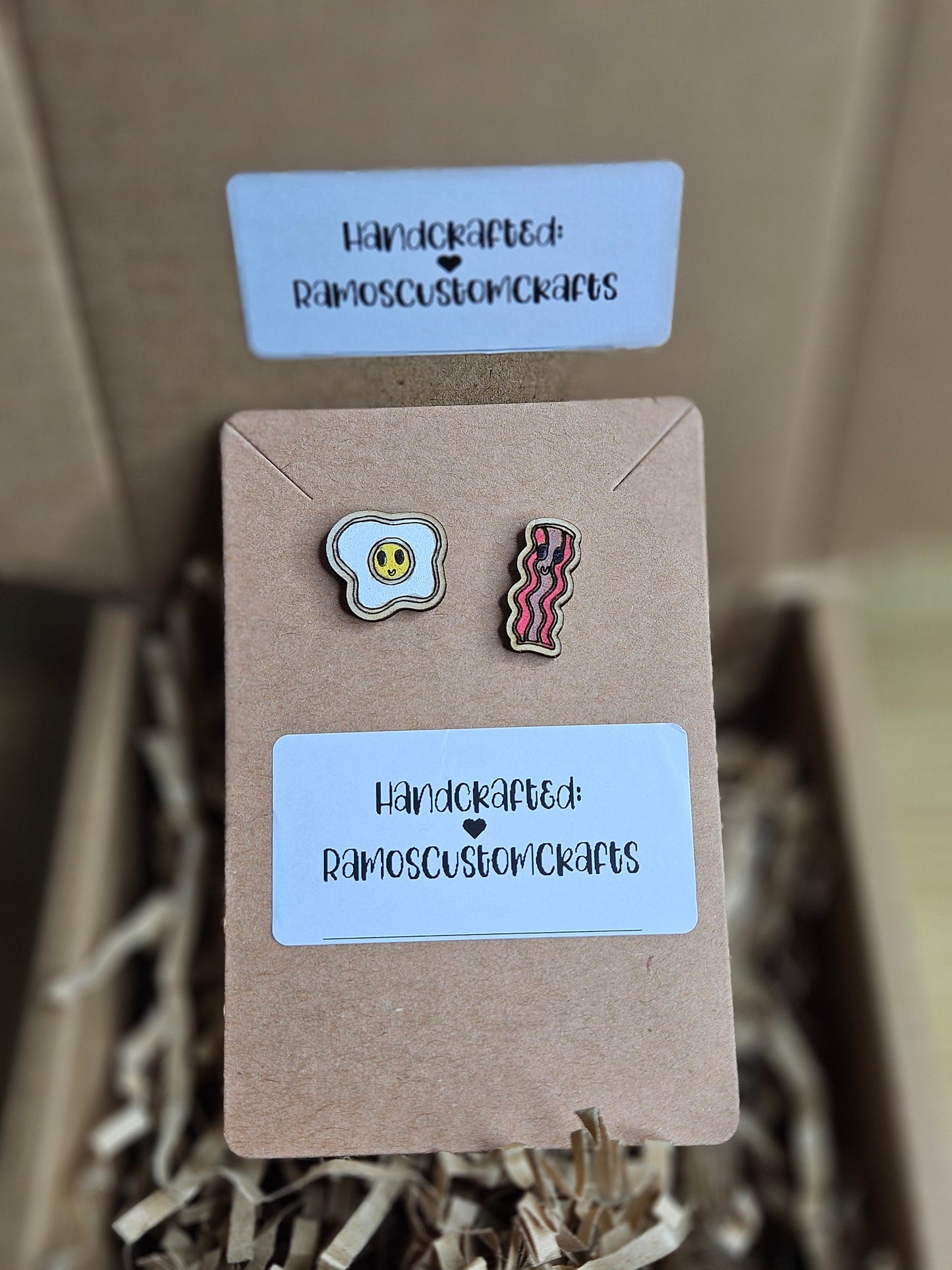 The Perfect Pair Eggs And Bacon Hand painted, Handmade Light Weight Wood Small Stud Earrings