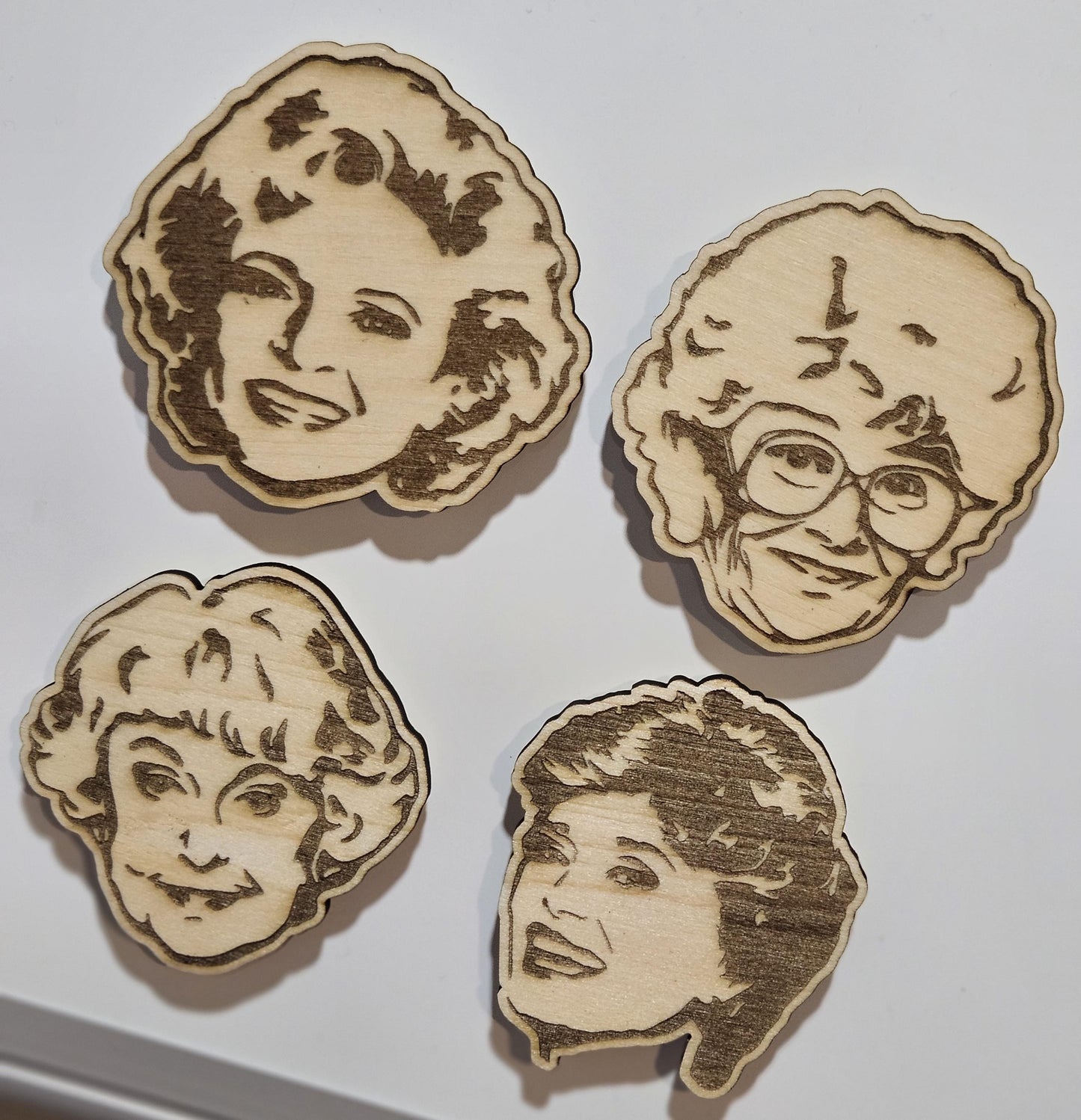 Golden Girls Refrigerator Magnets , Character Heads Rose, Blanche, Sophia, And Dorothy, Golden Babes Wood Engraved Set Of 4 Magnets