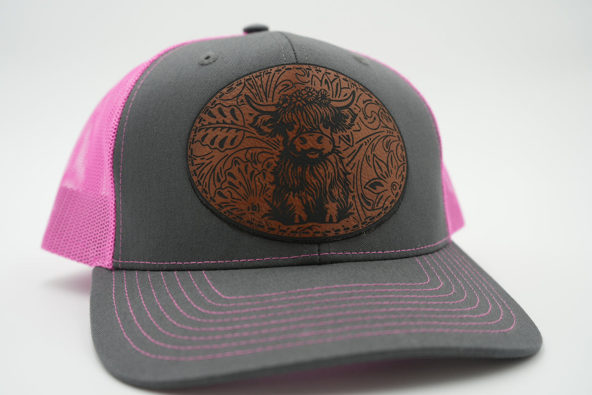 Highland Cow Leather Patch Trucker Hat