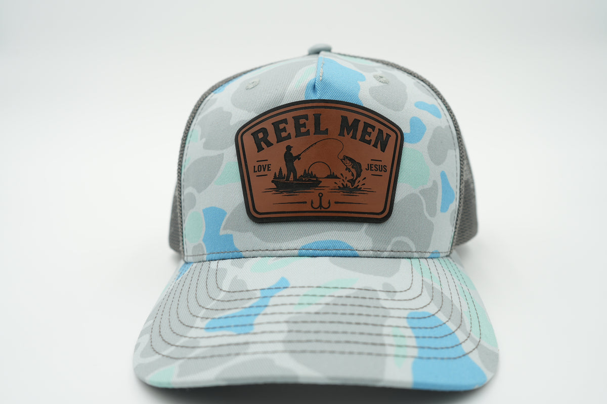 Reel Men Love Jesus Christian Fishing Leather Patch Hat