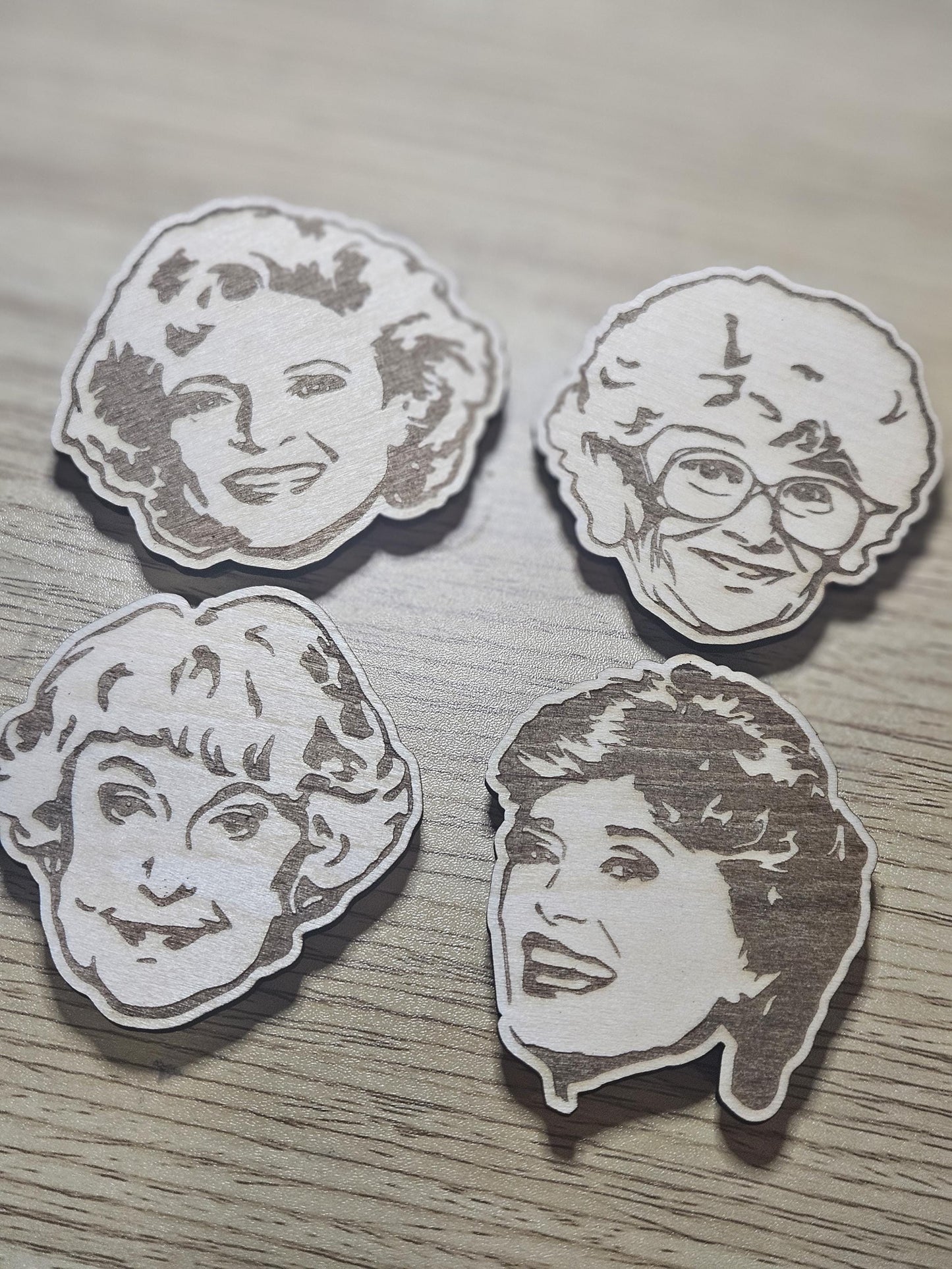 Golden Girls Refrigerator Magnets , Character Heads Rose, Blanche, Sophia, And Dorothy, Golden Babes Wood Engraved Set Of 4 Magnets