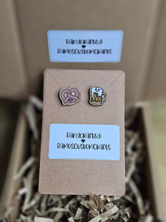 The Perfect Pair Beer And Pretzel Hand painted, Handmade Light Weight Wood Small Stud Earrings