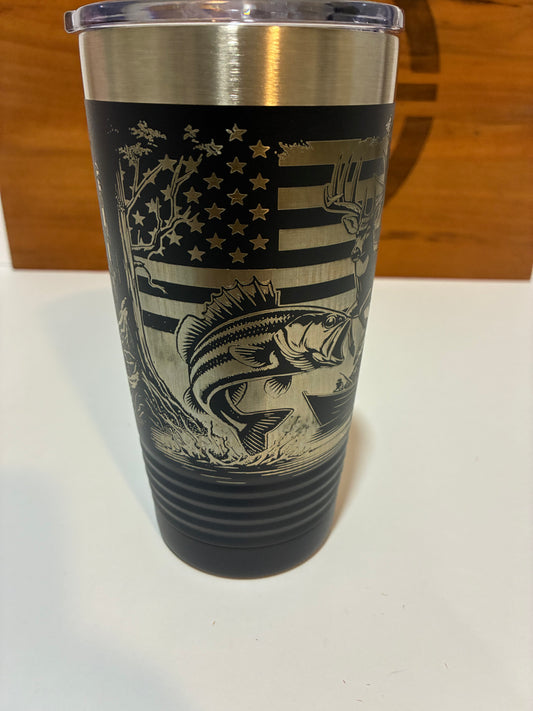 20oz Laser Engraved Fishing & Flag Tumbler – American Flag, Deer & Bass Design – Patriotic Gift for Outdoorsmen