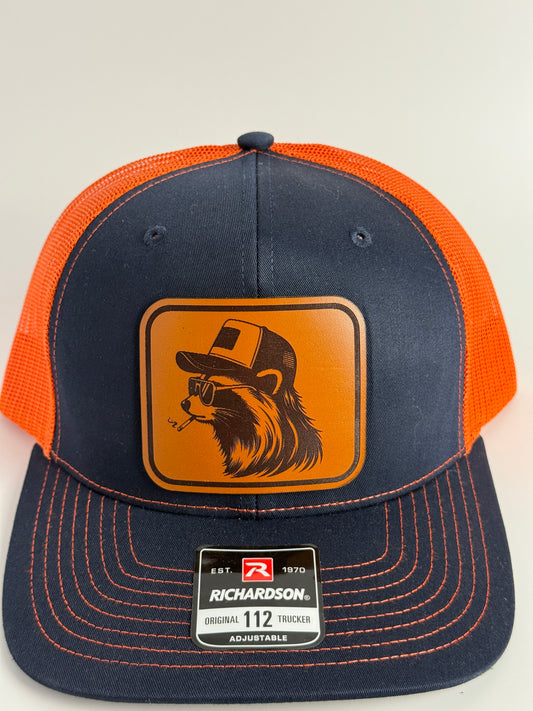 Funny Raccoon Leather Patch Trucker Hat