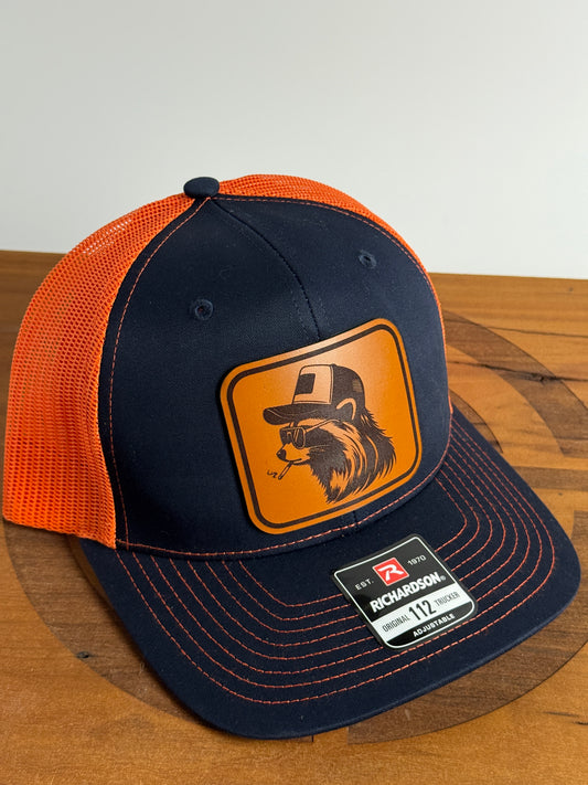 Funny Raccoon Leather Patch Trucker Hat