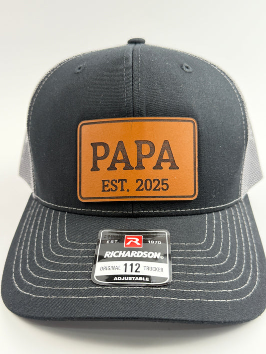 Papa Est. 2025 Leather Patch Hat – Richardson 112 Trucker Cap