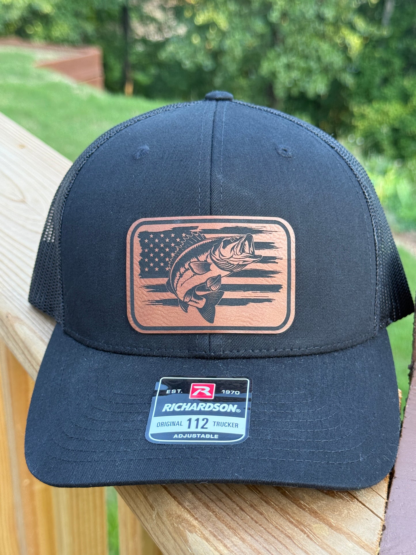American Flag Bass Leather Patch Fishing Hat Custom Trucker Cap