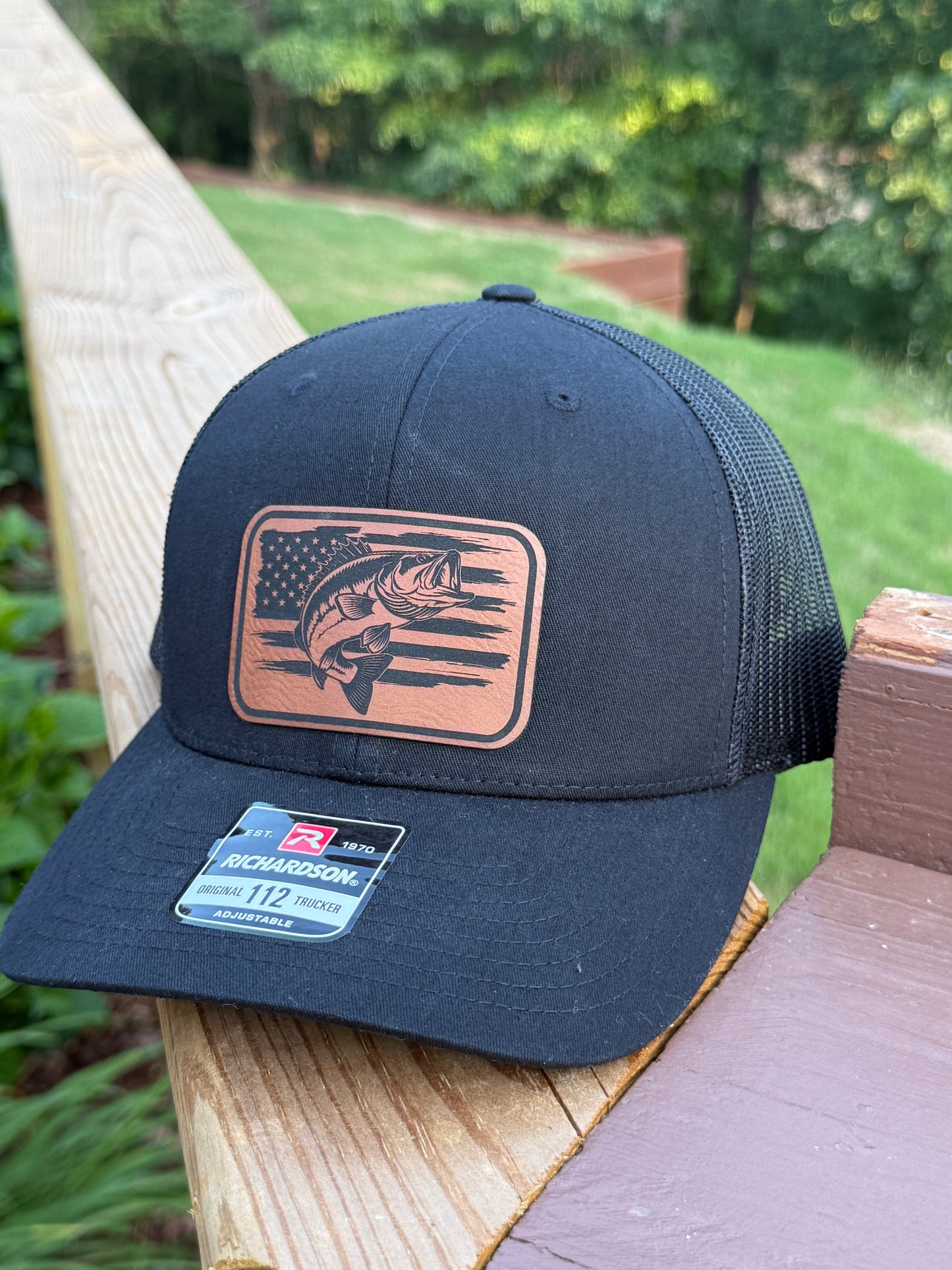 American Flag Bass Leather Patch Fishing Hat Custom Trucker Cap