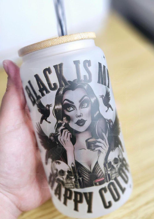 Black Is My Happy Color,16oz Frosted Glass, Spooky Cup,Goth,Humor, Frosted Glass Can