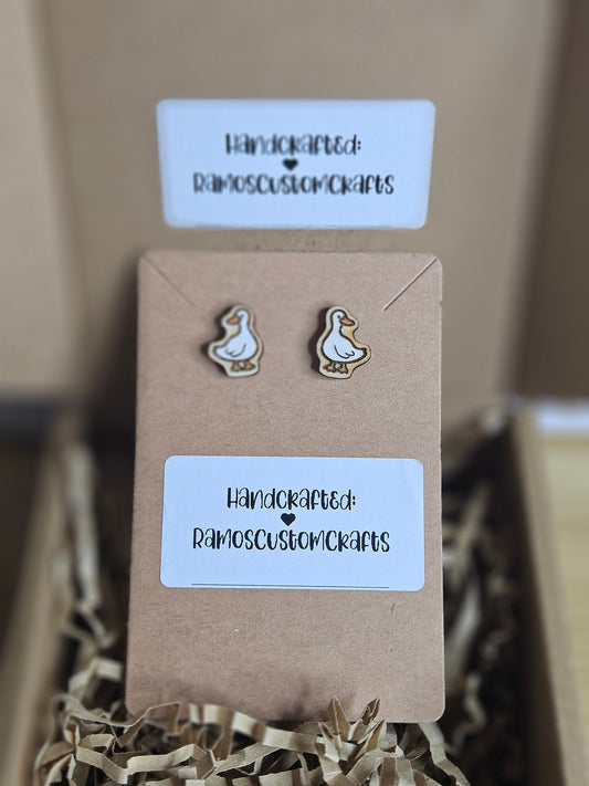 Silly Goose, Hand-Painted, Handmade Lightweight Wood Small Stud Earrings