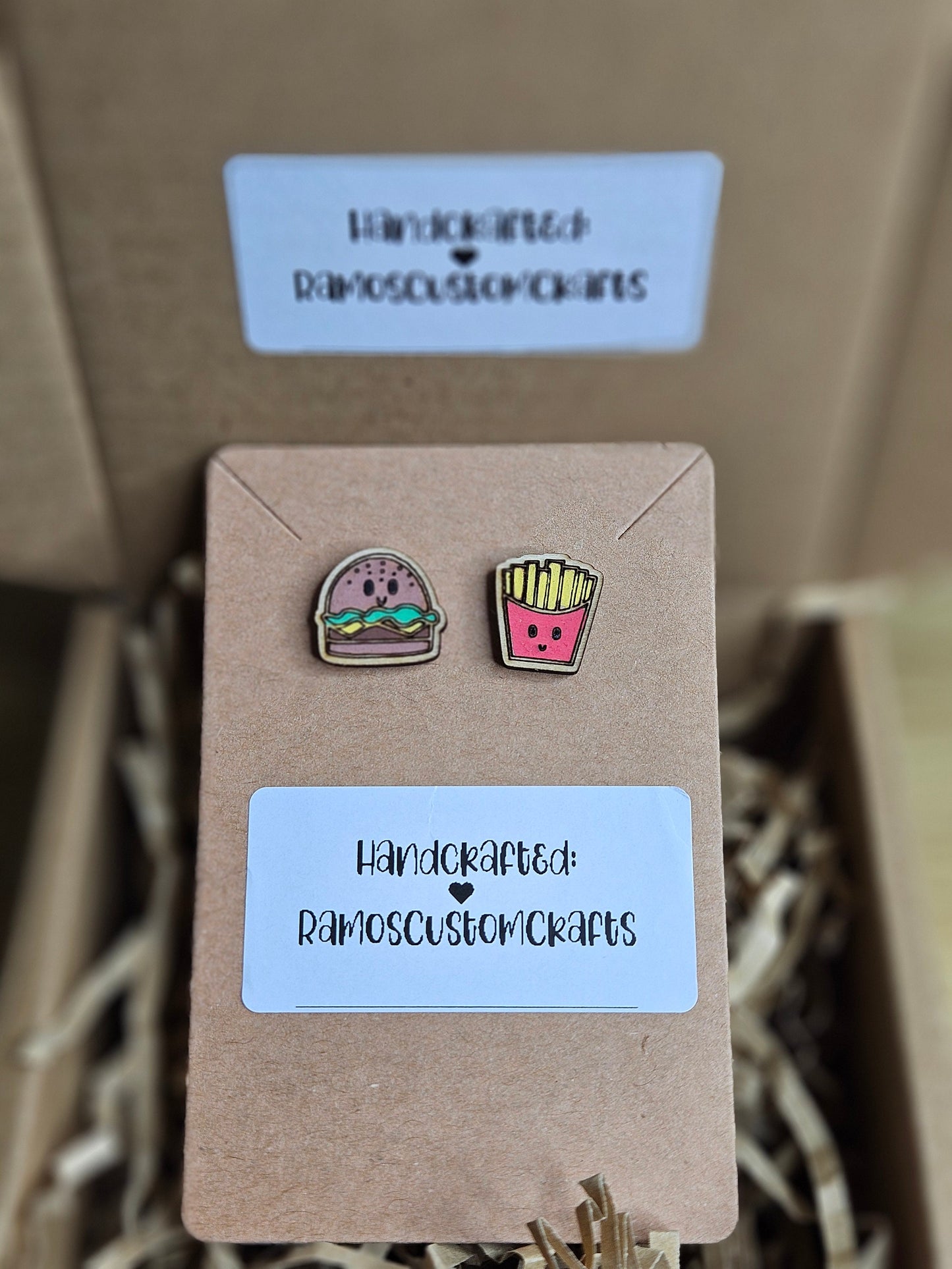 The Perfect Pair Hamburger And Fries Hand painted, Handmade Light Weight Wood Small Stud Earrings