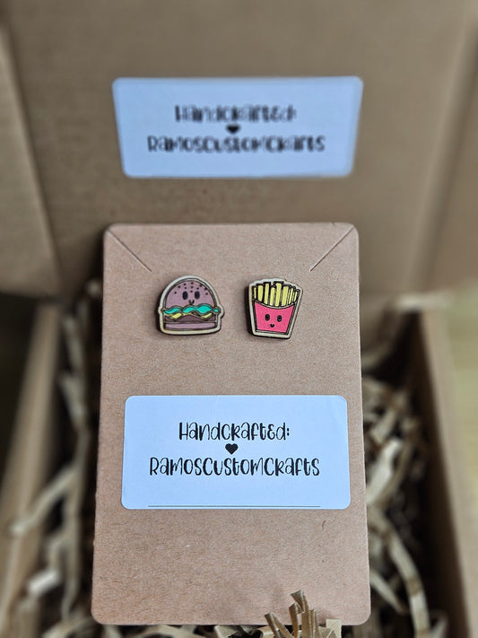 The Perfect Pair Hamburger And Fries Hand painted, Handmade Light Weight Wood Small Stud Earrings