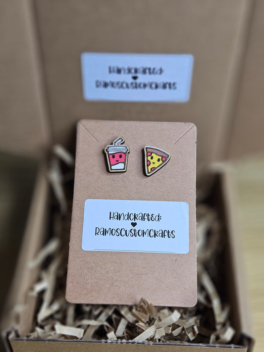 The Perfect Pair Soda And Pizza Hand painted, Handmade Light Weight Wood Small Stud Earrings