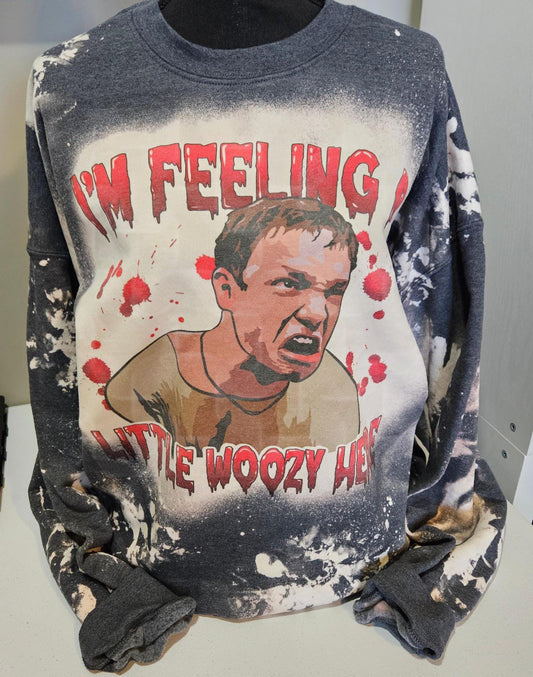 Horror Halloween, I'm Feeling A Little Woozy Here, Stu Macher, Scream Movie, Dark Heather Acid Wash Sublimated Unisex Bleached Sweatshirt