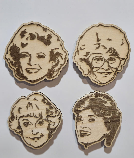 Golden Girls Refrigerator Magnets , Character Heads Rose, Blanche, Sophia, And Dorothy, Golden Babes Wood Engraved Set Of 4 Magnets