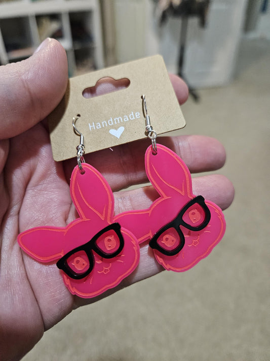 Bunny Head with Glasses Dangle Earrings, Bunny Earrings, Easter Dangle Earrings, Bunny Head Earrings