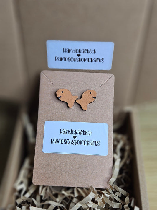 Goldfish Earrings, Snack Food Inspired Hand-Painted, Handmade Light Weight Small Wood Stud Earrings