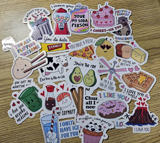 Valentine Puns Vinyl Laminated 20 Pack Stickers, Sticker Valentine Bundle, Funny Love Puns, Love Quotes, 20 Pack Laminated Vinyl Stickers