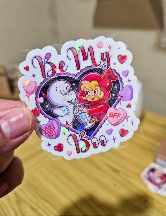 Be My Boo, Friendly Ghost & Sidekick, Valentine Boo, Valentine Themed Holographic Sticker
