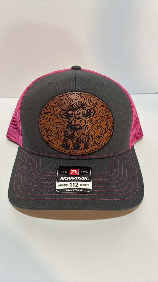 Highland Cow Leather Patch Hat – Richardson 112 Trucker Cap | Rustic Farm Style
