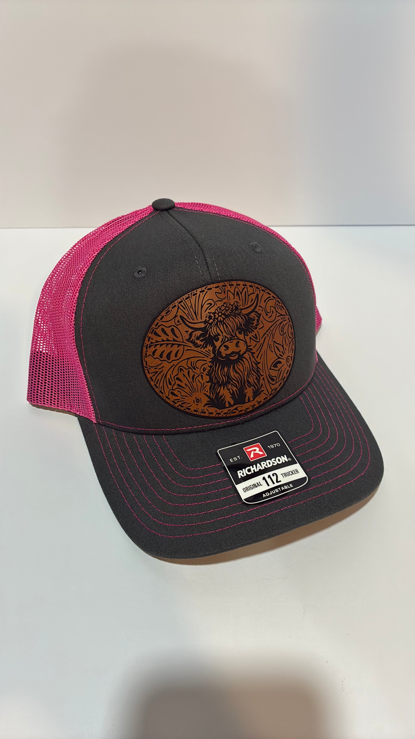 Highland Cow Leather Patch Hat – Richardson 112 Trucker Cap | Rustic Farm Style
