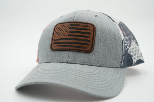 Distressed American Flag Leather Patch Trucker Hat