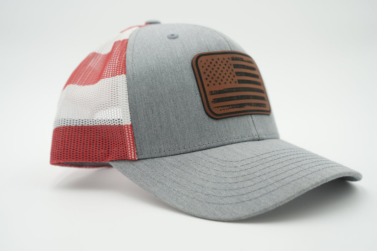 Distressed American Flag Leather Patch Trucker Hat