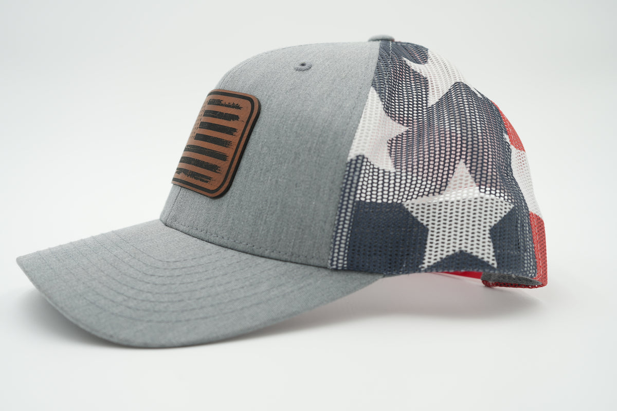 Distressed American Flag Leather Patch Trucker Hat