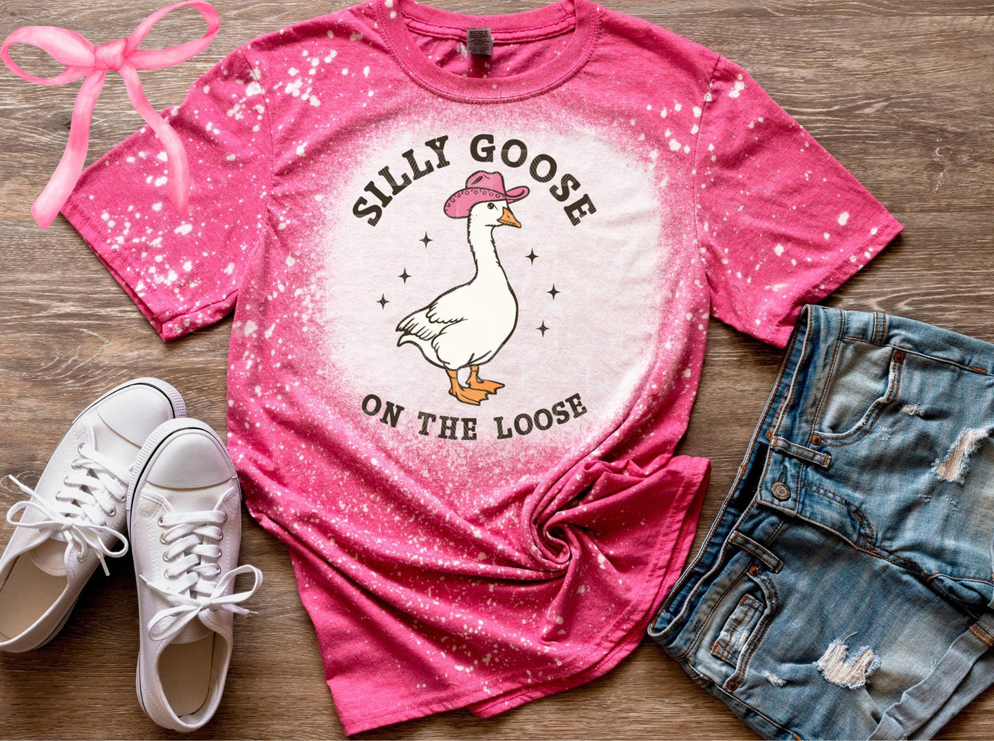 Silly Goose On The Loose, Goose, Popular Goose, Girly Goose, Goose-Themed Unisex Bleached Shirt