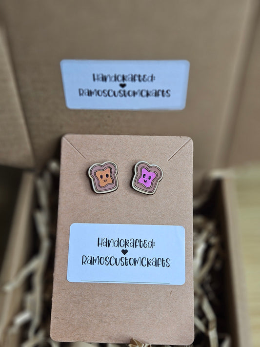 The Perfect Pair PeanutButter And Jelly Hand painted, Handmade Light Weight Wood Small Stud Earrings