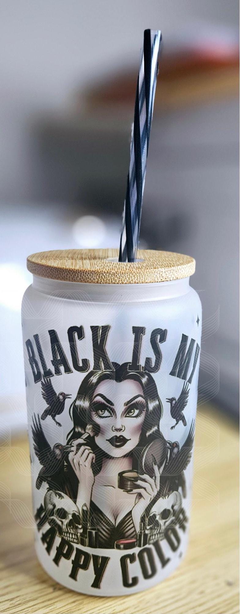 Black Is My Happy Color,16oz Frosted Glass, Spooky Cup,Goth,Humor, Frosted Glass Can