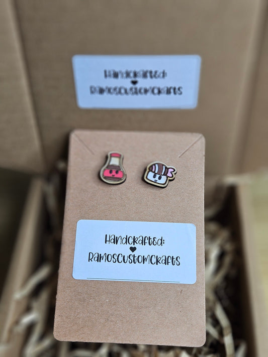 The Perfect Pair Sushi And Soy Sauce Hand painted, Handmade Light Weight Wood Small Stud Earrings
