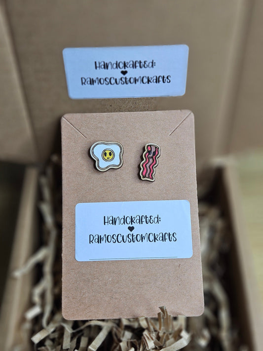 The Perfect Pair Eggs And Bacon Hand painted, Handmade Light Weight Wood Small Stud Earrings