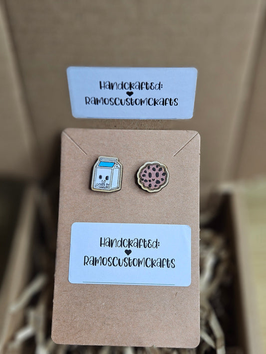 The Perfect Pair Milk And Cookies Hand painted, Handmade Light Weight Wood Small Stud Earrings