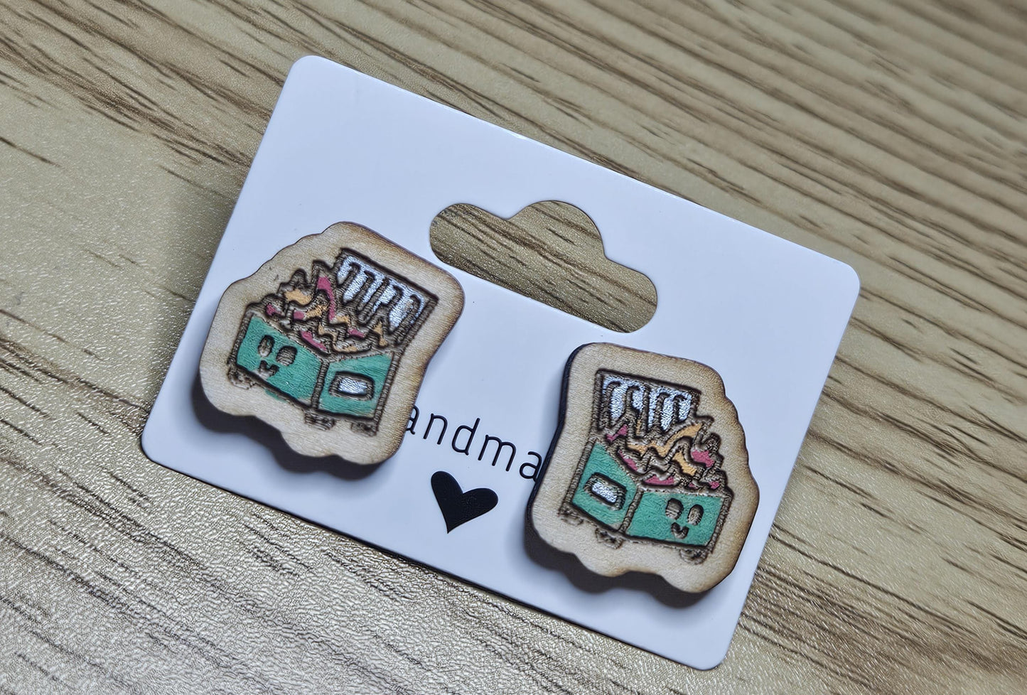 Cute Dumpster Fire Stud One-sided Earrings, Kawaii Dumpster Fire Laser Cut Earrings, Wood Laser Engraved Stud Earrings