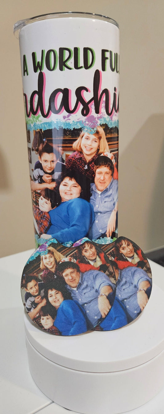 In A World Full Of Kardashians Be A Conner 20oz 90's Sitcom Tv Tumbler W/Matching Neoprene Car Coasters